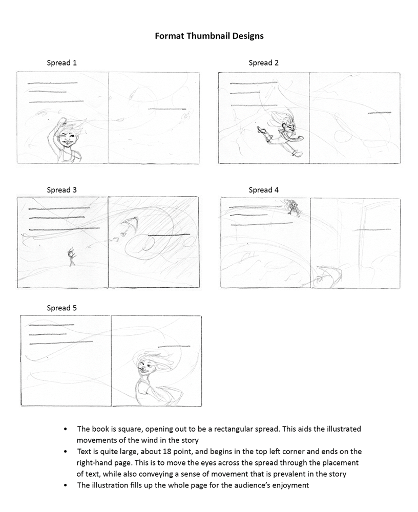 Format thumbnail designs showing mockup drawings. The book is square, opening out to be a rectangular spread. This aids the illustrated movements of the wind in the story. Text is quite large, around 18 point, and begins in the top left corner and ends on the right -hand page. This is to move the eyes across the spread through the placements of text. while also conveying a sense of movement that is prevalent in the story. The illustration fills up the whole page for the audience's enjoyment,