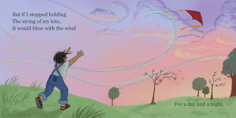 But if I stopped holding The string of my kite, It would blow with the wind For a day and a night. The child sadly reaches out their arms as the red kite is blown away from them.