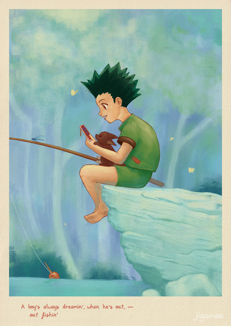 Drew Gon fishing scene from ep1, this is from years ago (Poster color) : r/ HunterXHunter