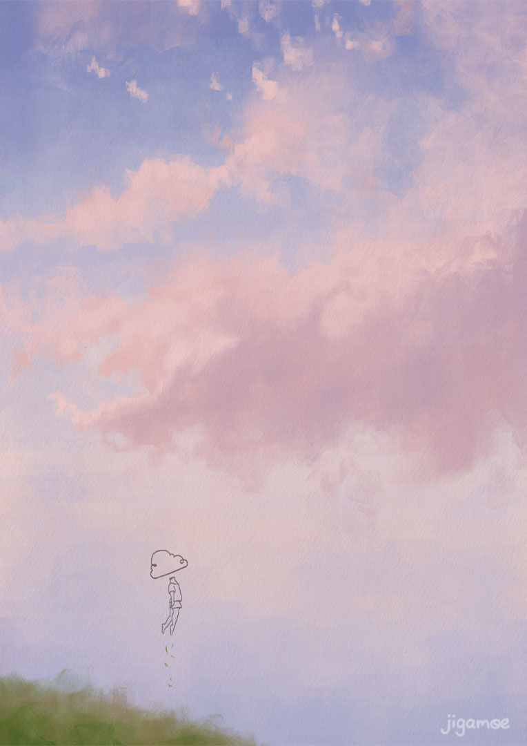 cloudhead self-portrait floating up into cotton-candy pink skies.