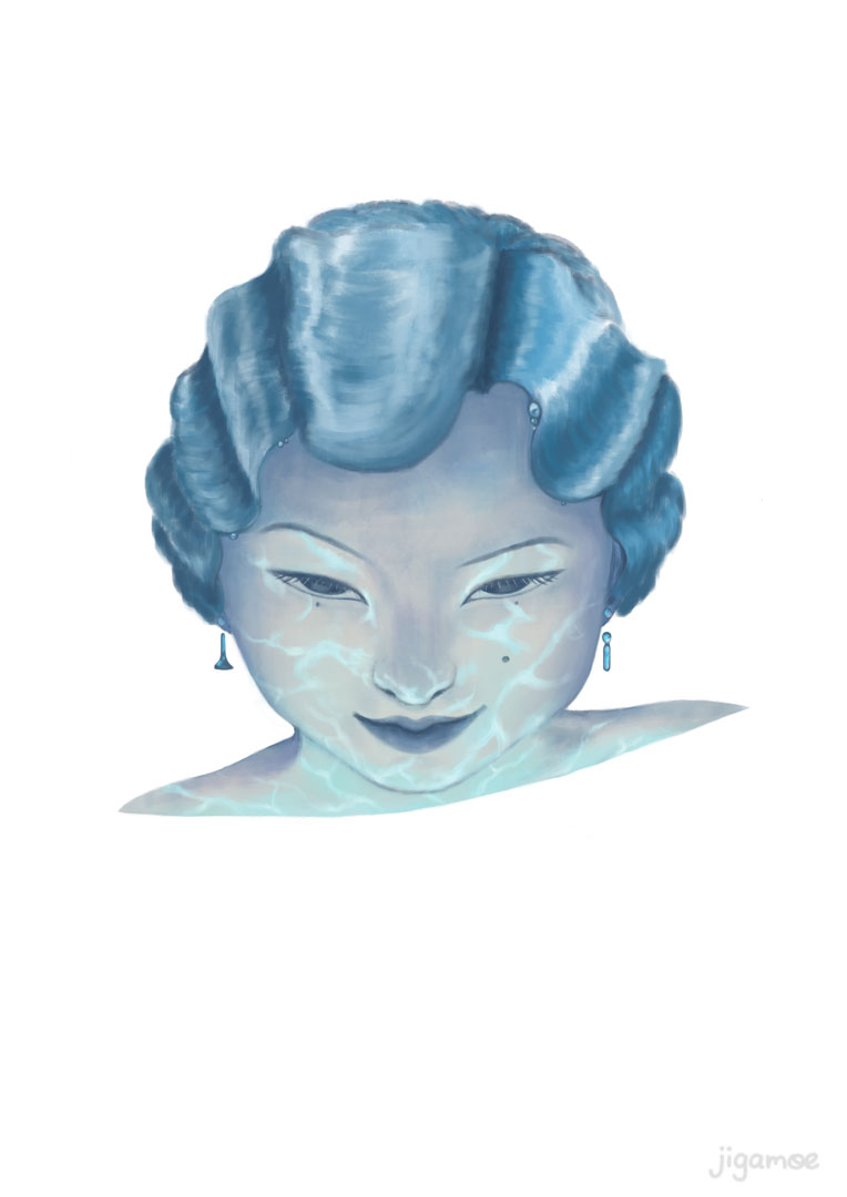 A mysterious woman has her head tilted slightly down and looks up at the viewer. An unknown light source is casted onto her face from below creating a water reflection pattern. Her blue hair is styled in finger waves and moves like rippled water. She wears earring shaped in water droplets.