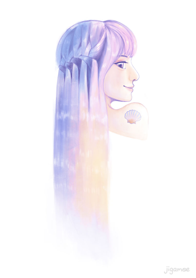 A girl is facing right, looking over her shoulder at the viewer. Light shines from her direction as her pink and purple hair gracefully falls like a waterfall.