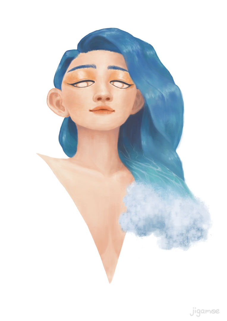 A slightly low angle digital portrait of a confidant woman peering down. Her blue wavy hair flows over one shoulder, ending as a crashing wave.