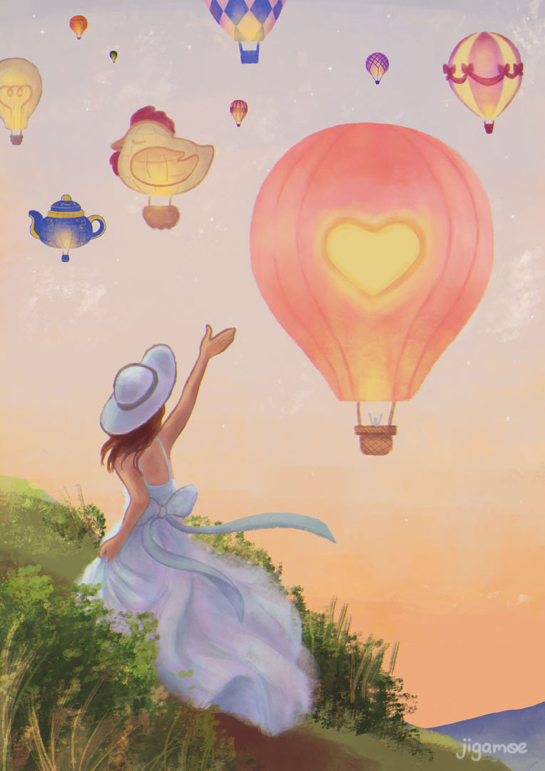 A girl is running up a hill dressed in a flowing blue dress, waving at a hot air balloon with a heart in the middle during a hot air balloon festival.