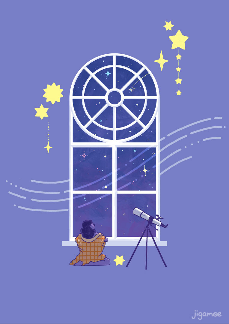 Illustration of a girl peering out of a tall, magnificent window, gazing at the starry night sky