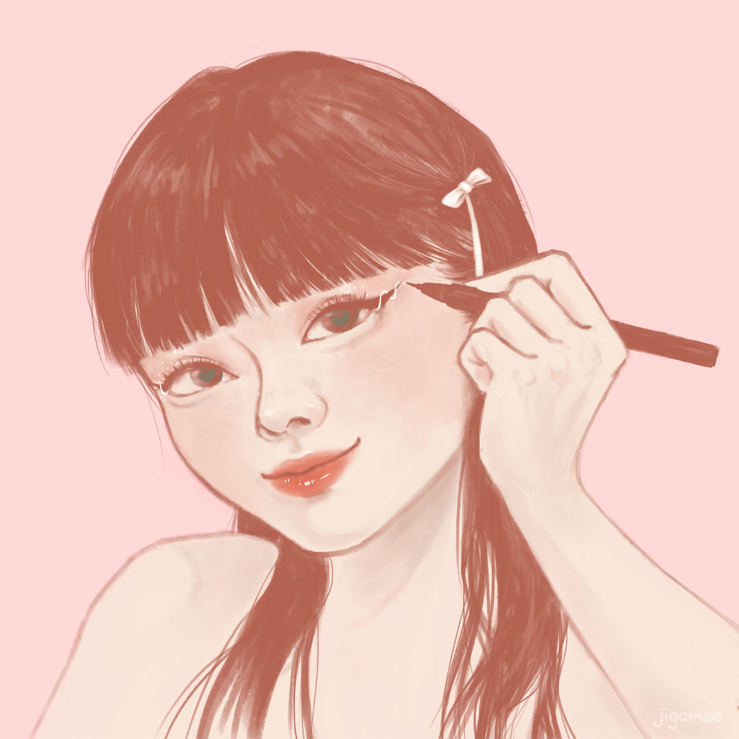 A cute girl has her head tilted to one side as she finishes applying her eyeliner. The drawing is coloured in soft pinks.