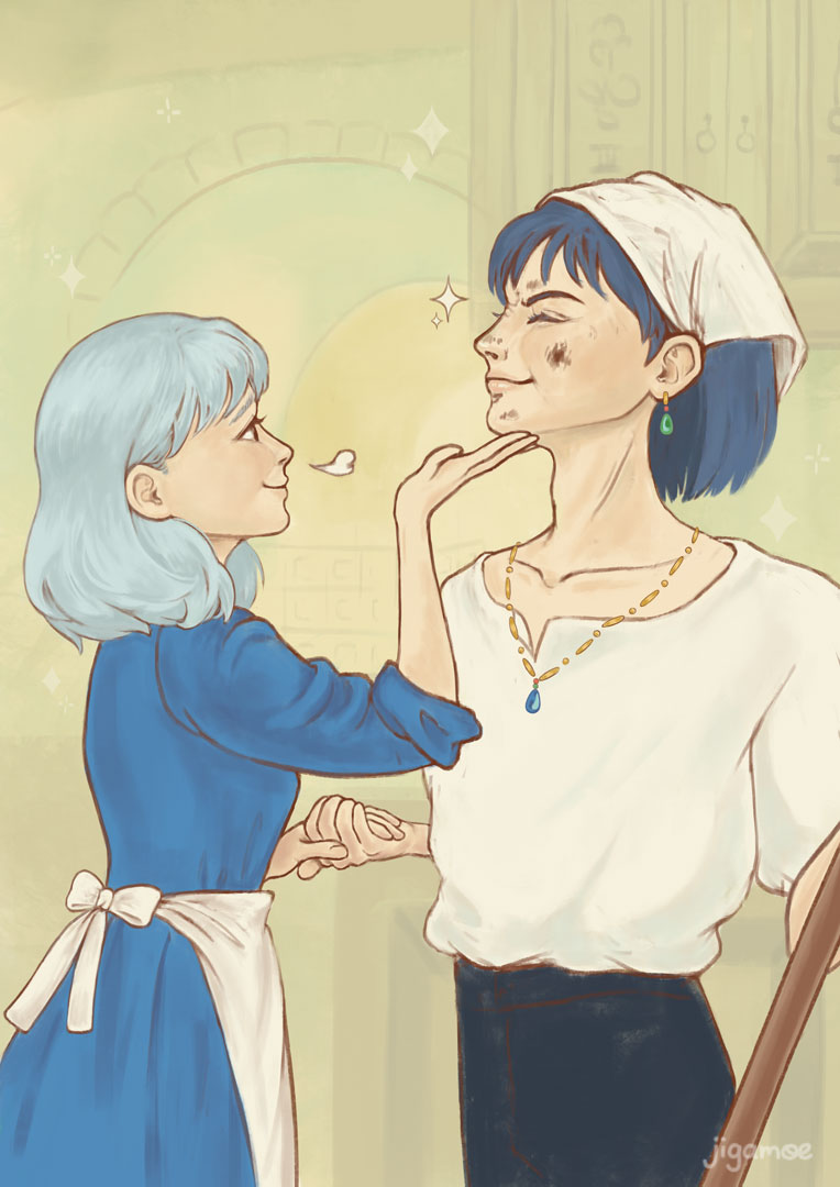 Howl and Sophie fanart. Sophie breathes a sigh as she holds Howl's hand in her left hand and tilts his chin up with her right hand. She examines Howl's face smudged with dirt, he is beaming brightly at his good work cleaning the house that can be seen in the back.