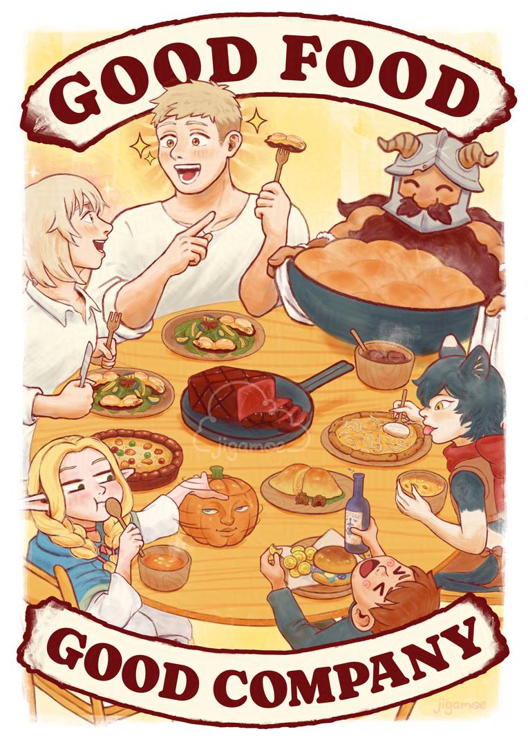 Fanart poster illustration of the characters from the anime Delicious in Dungeon - Laios, Falin, Marcille, Chilchuck, Izutsumi and Senshi - gathered around a table enjoying their meal and each others company.