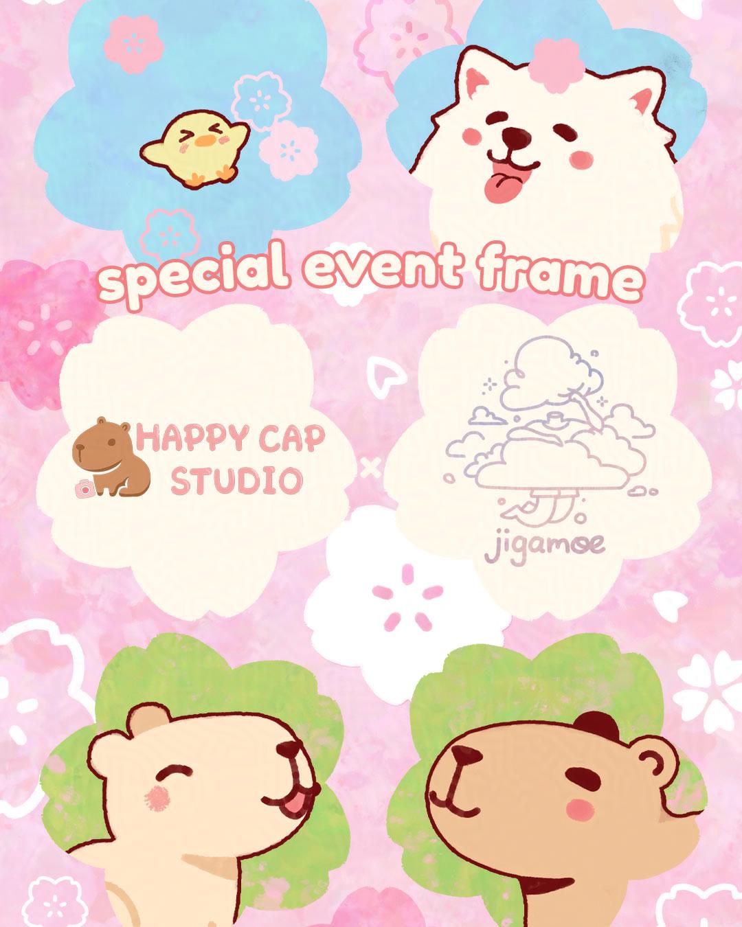 The first image for an Instagram Collaboration post shared with Happy Cap Studio's account, promoting the special photo frame event designs.