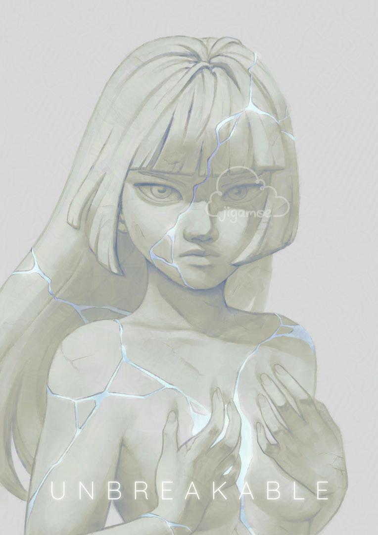 A digitally painted portrait of a girl defiantly staring at the viewer, with her hands clutching at her chest. She is made of marble and stone, cracks running along her face and body filled in with blue, shiny material.